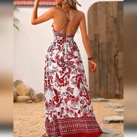 Women's Floral Printed Backless Cross Strap Summe Vacation Dress - Picture 3 of 5